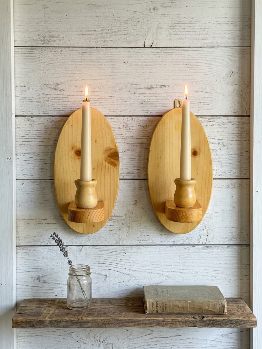 Rustic Vintage Pine Wall Candle Sconces Pair - Natural Wood